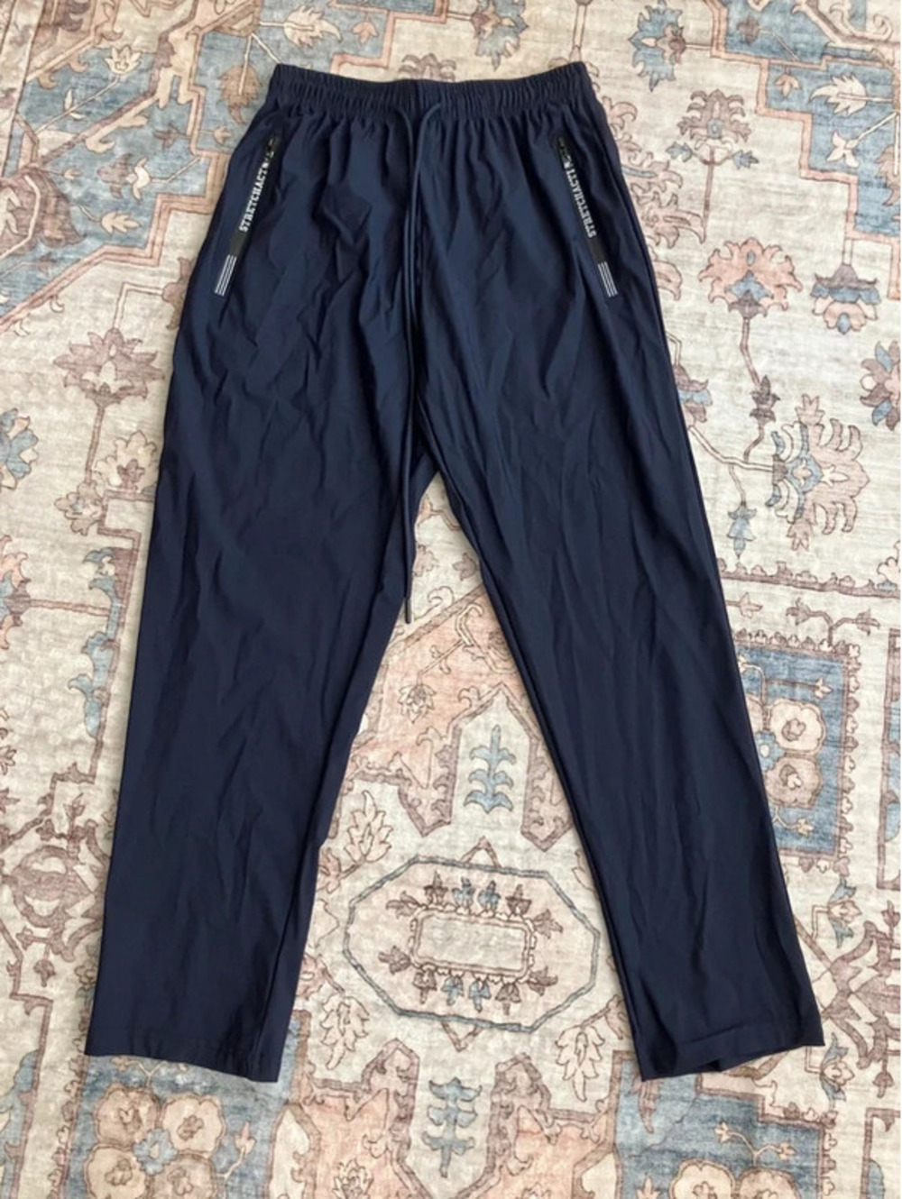 Navy Technical Stretch Trousers S Zip Pocket Drawstring Athletic Joggers